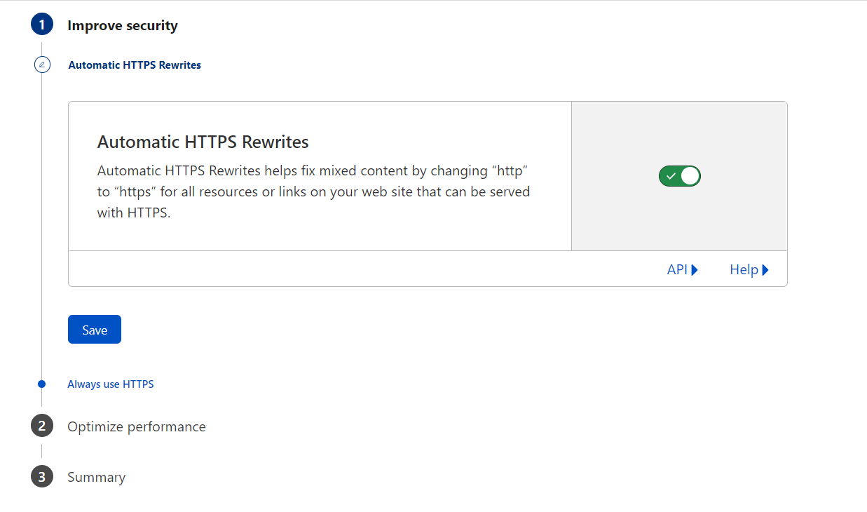 Marque a opção 'Automatic HTTPS Rewrites'