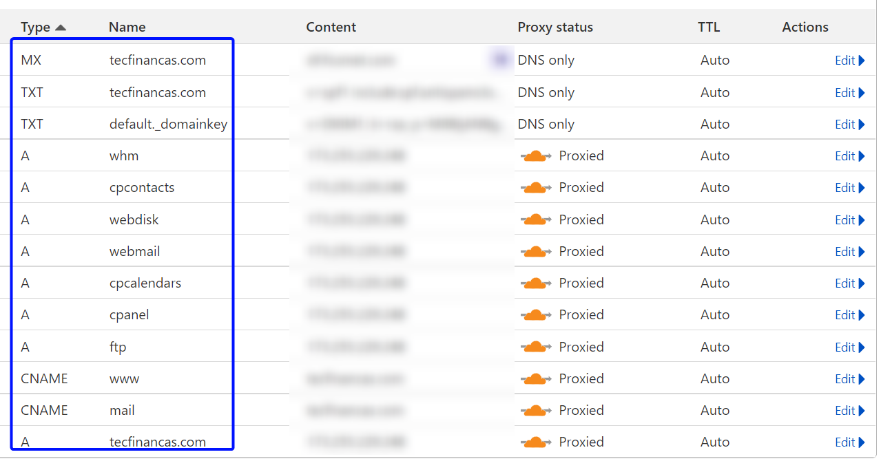 Adicione no Cloudflare todos os registros de DNS conforme consta no cPanel