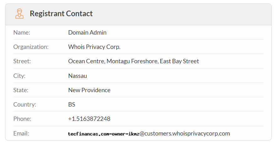 Exemplo das informações do domínio tecfinancas.com com a privacidade ativada