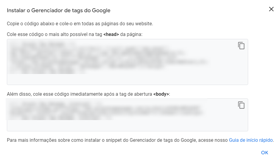 Copie os códigos do Google Tag Manager para serem adicionados no seu site