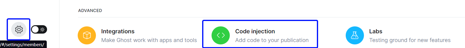 Acesse a interface de administrador do Ghost e selecione 'Code injection'