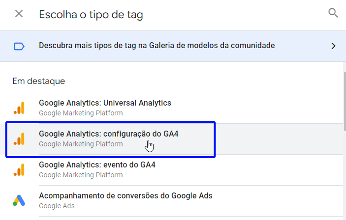 Selecione a opção 'Google Analytics: configuração do GA4'