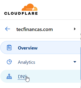 Acesso o menu 'DNS' no Cloudflare