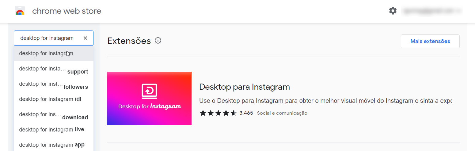 Extensão Desktop for instagram na Chrome Web Store