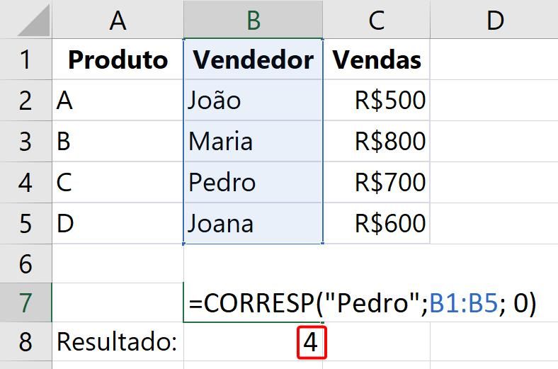 Função CORRESP no excel: resultado da função