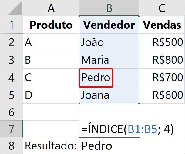 Função ÍNDICE no excel: resultado da função